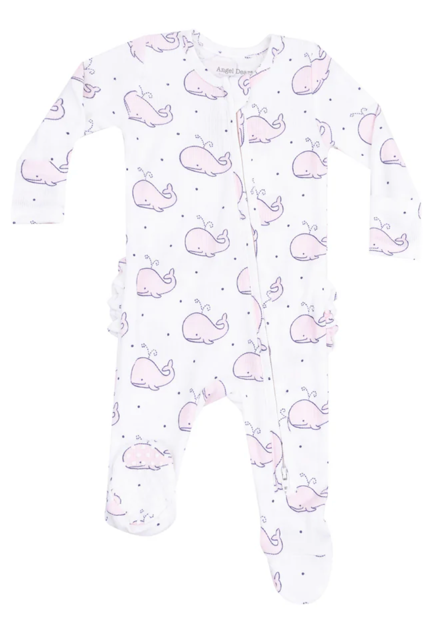 Angel Dear Bubbly Whale Ribbed 2 Way Zipper Ruffle Back Footie Skipper & Scout 