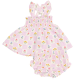 Angel Dear Floral Check Ruffle Strap Smocked Top SET