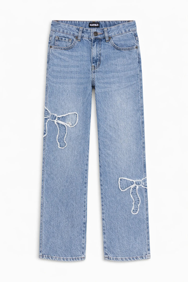 KatieJNYC Chicago Bow Print Low Rise Jeans