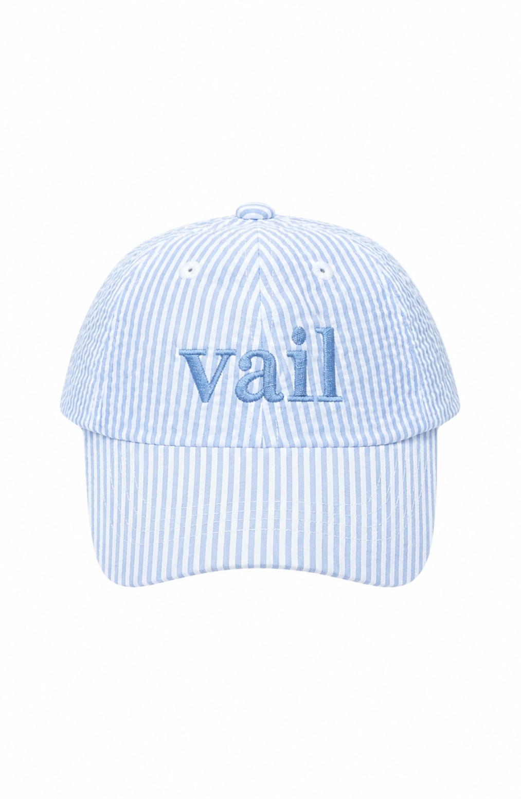 Light blue seersucker baseball hat with Vail embroidered in blue on the front