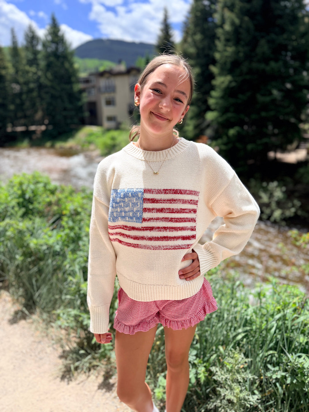 Miou Muse American Flag Round Neck Sweater