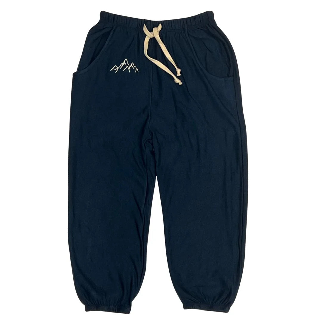 Navy Fairwell Pocket Sweats with a cream drawstring waist and cuffed ankles