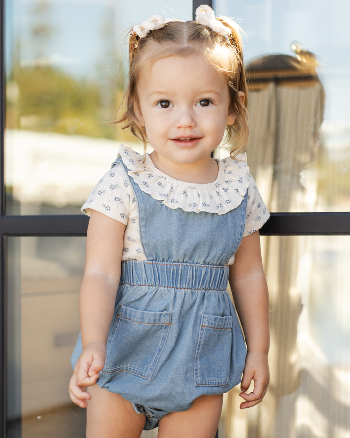 Rylee + Cru Ruffle Collar Bodysuit/Denim Romper SET