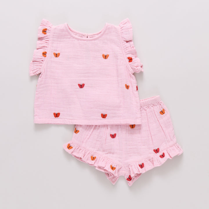 Pink Chicken Butterfly Embroidery Roey 2PC Set