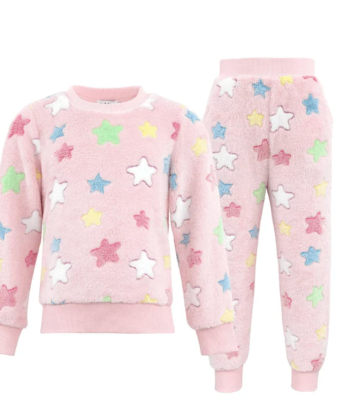 Lola & the boys Pink pajama set with star patterns on a white background