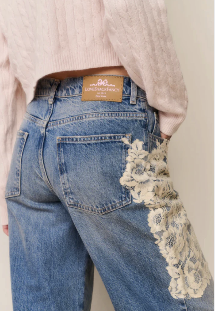 Love Shack Fancy Bambie Lace Appliqué Jeans