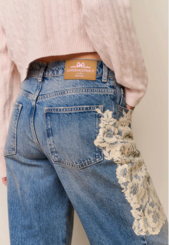 Love Shack Fancy Bambie Lace Appliqué Jeans