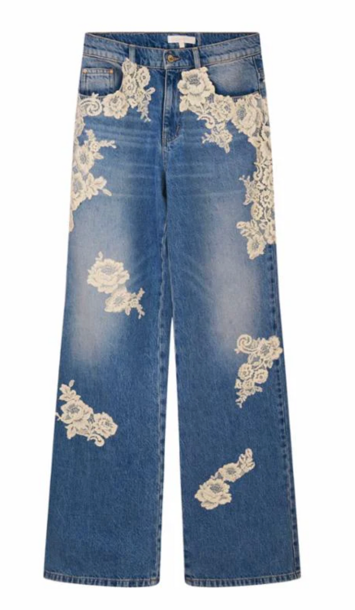 Love Shack Fancy Bambie Lace Appliqué Jeans