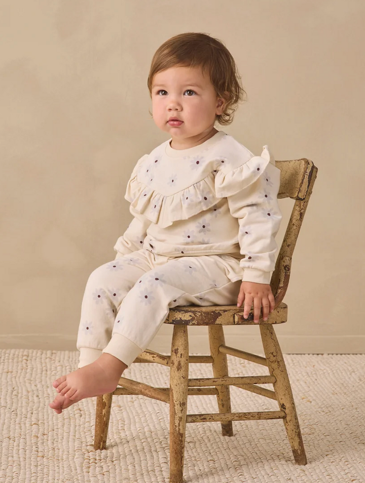 Quincy Mae Blue Daisy Relaxed Fleece Ruffle Sweatshirt/Sweatpant SET