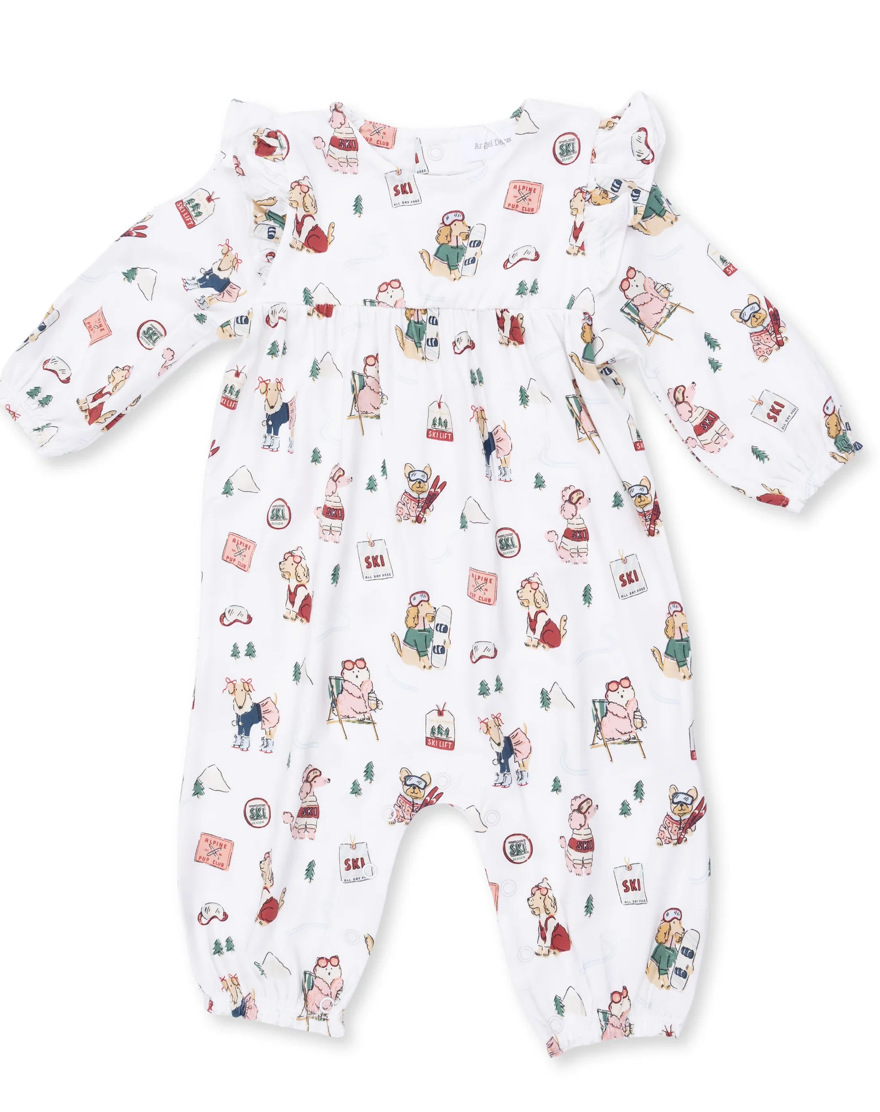 Angel Dear Winter Sports Dogs Ruffle Sleeve Snap Romper