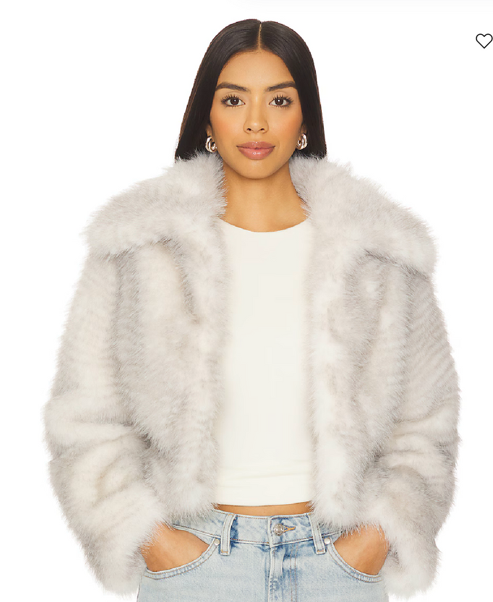 Love Shack Fancy Faux fluffy grey faux fur jacket on a white background