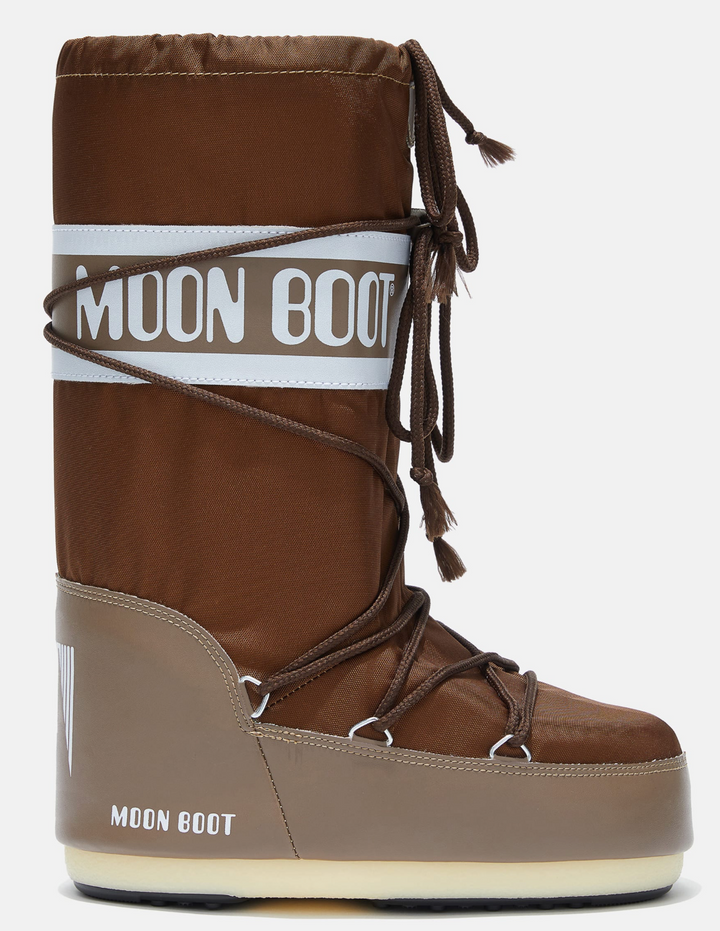 Brown moon boot with visible branding on a white background