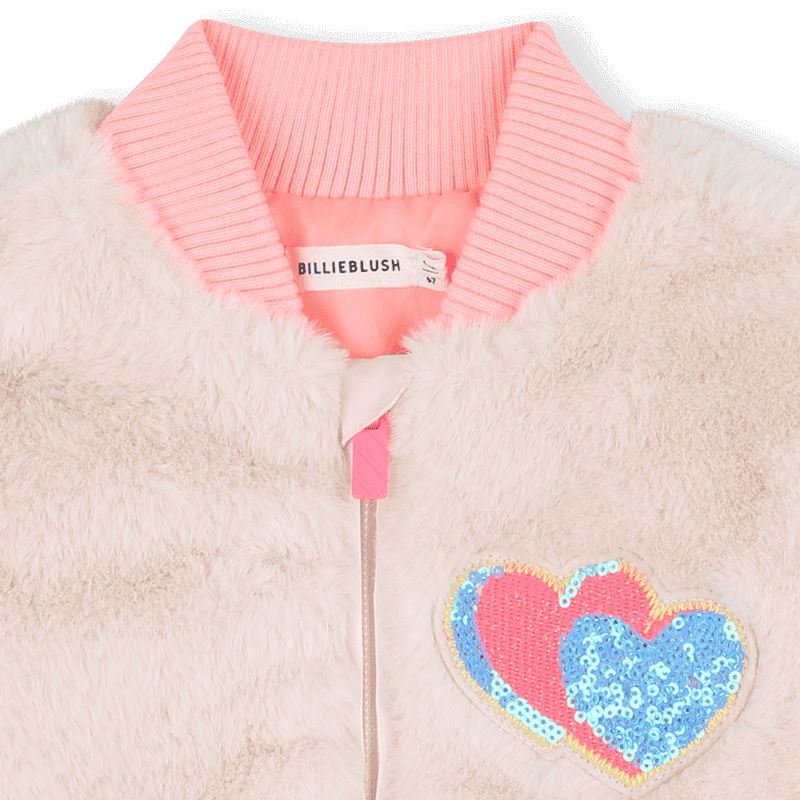 Billieblush cream faux fur jacket with pink ribbed collar and colorful sequin heart patch