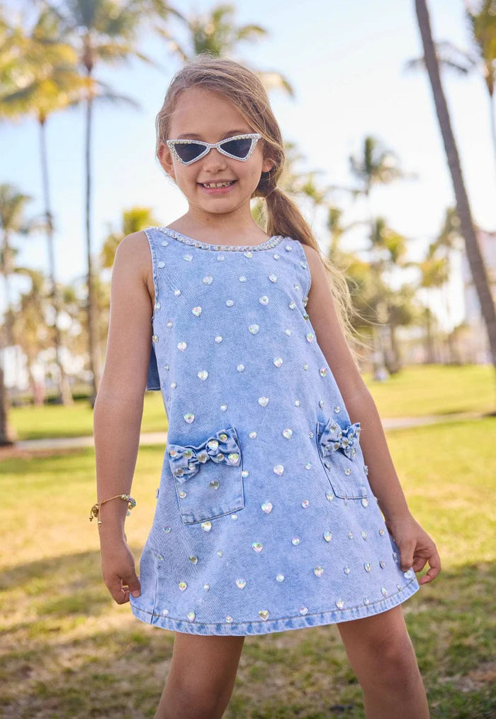 Lola & the Boys Crystal Heart Denim Bow Dress