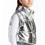 tractr Metallic Cropped Puffer Vest - Silver