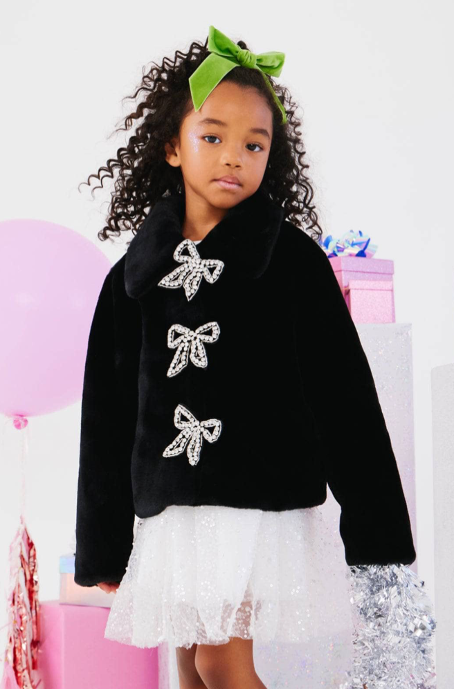 Lola & The Boys Audrey Crystal Bow Faux Fur Jacket Skipper & Scout 