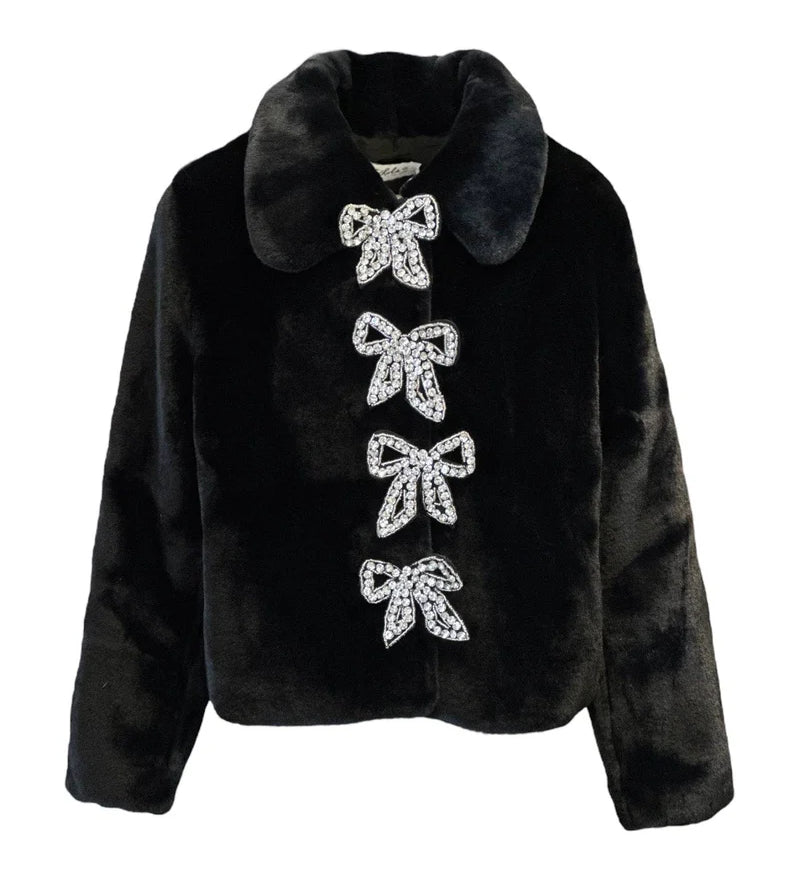 Lola & The Boys Audrey Crystal Bow Faux Fur Jacket