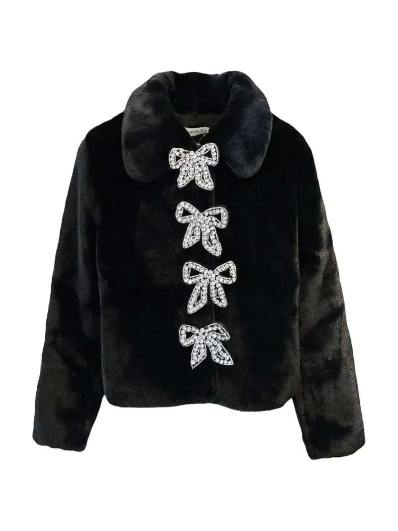 Lola & The Boys Audrey Crystal Bow Faux Fur Jacket Skipper & Scout 