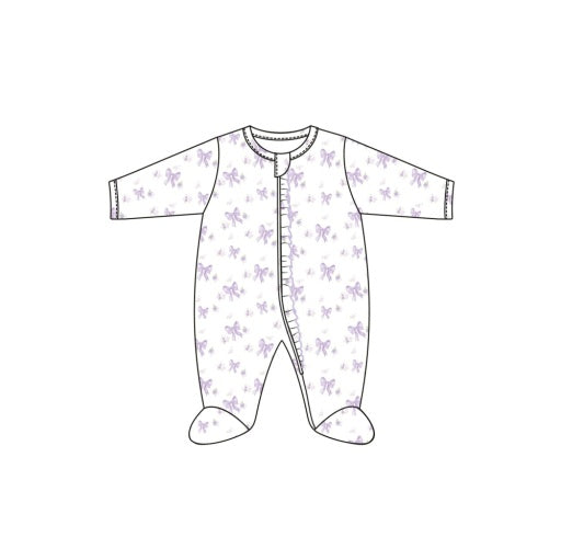 Baby Club Chic Bows Printed Ruffle Zip Footie - Lavender