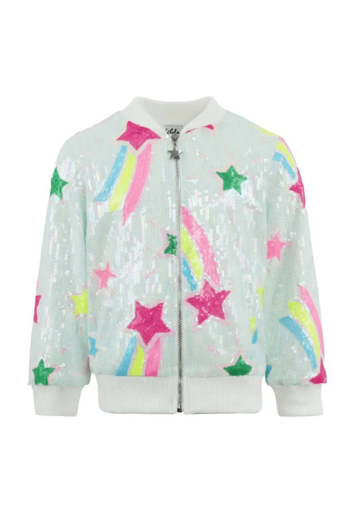 Lola & the Boys Rainbow Shooting Star Sequin Bomber