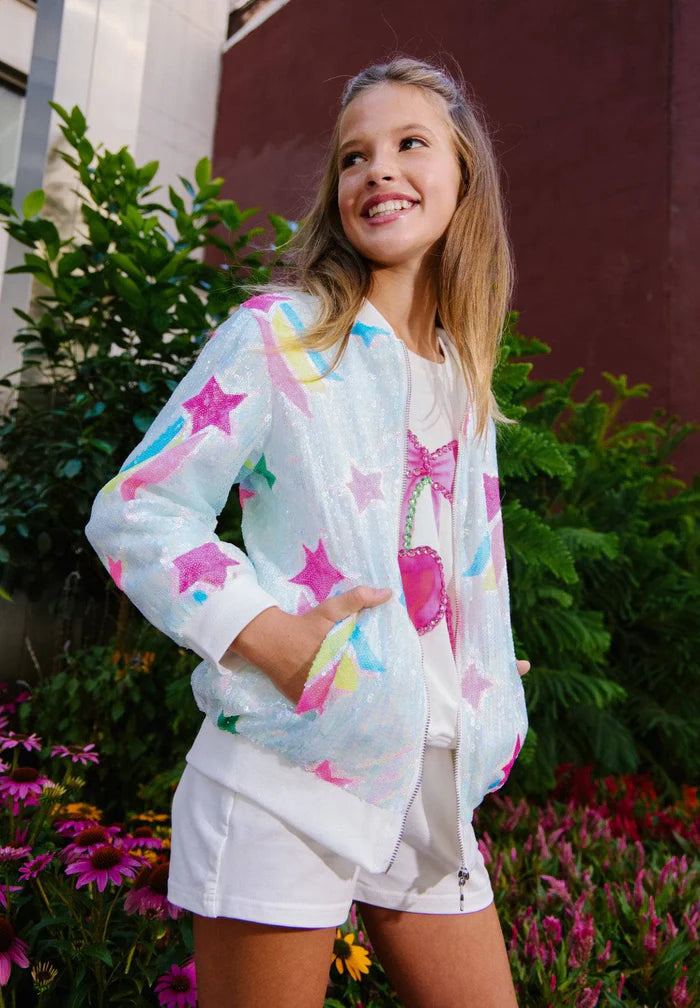 Lola & the Boys Rainbow Shooting Star Sequin Bomber