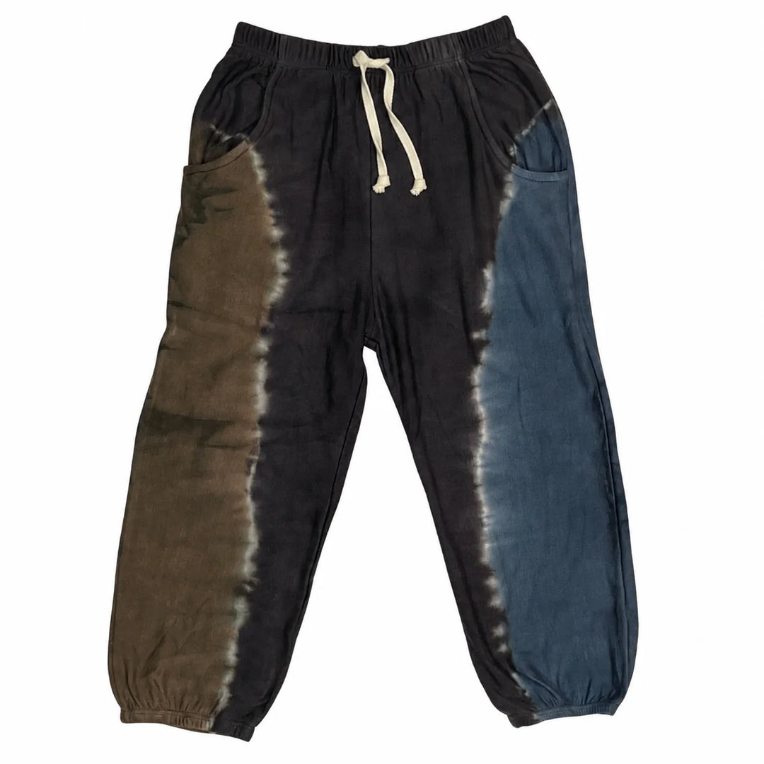 Fairwell Pocket Sweats in Wing with olive and navy color-blocked tie-dye panels