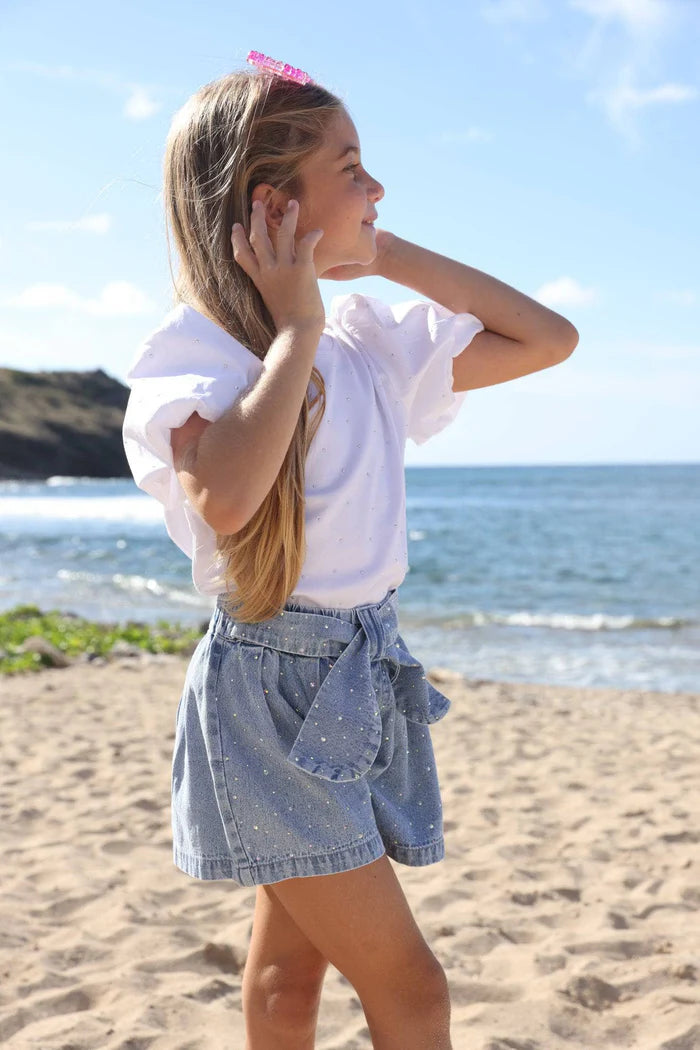Lola & the Boys Sparkle Bow Denim Short