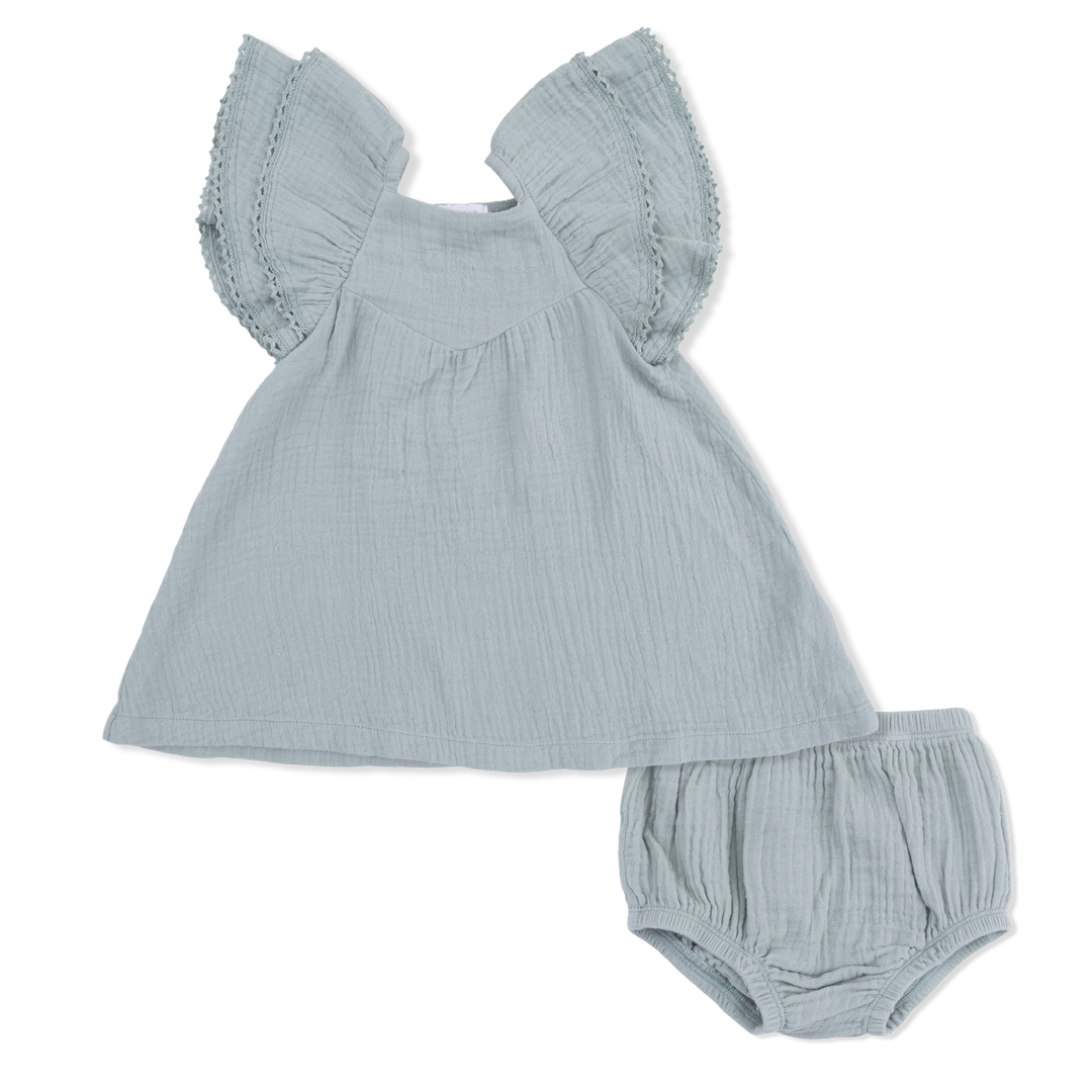 Angel Dear Solid Muslin Jadeite V-Neck Dress SET